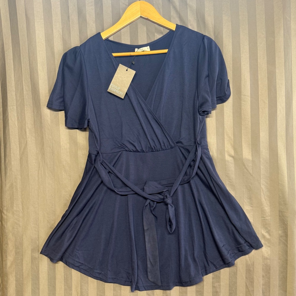Wrap-Front Peplum Blouse in Navy - Picture 2 of 11